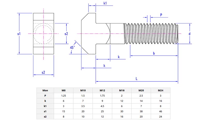 T shaped square neck bolt